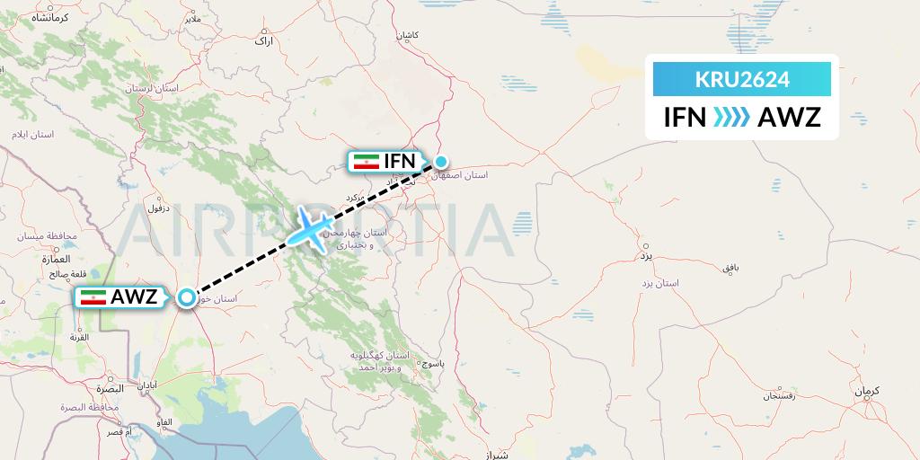 KRU2624 Karun Airlines Flight Map: Isfahan to Ahvaz