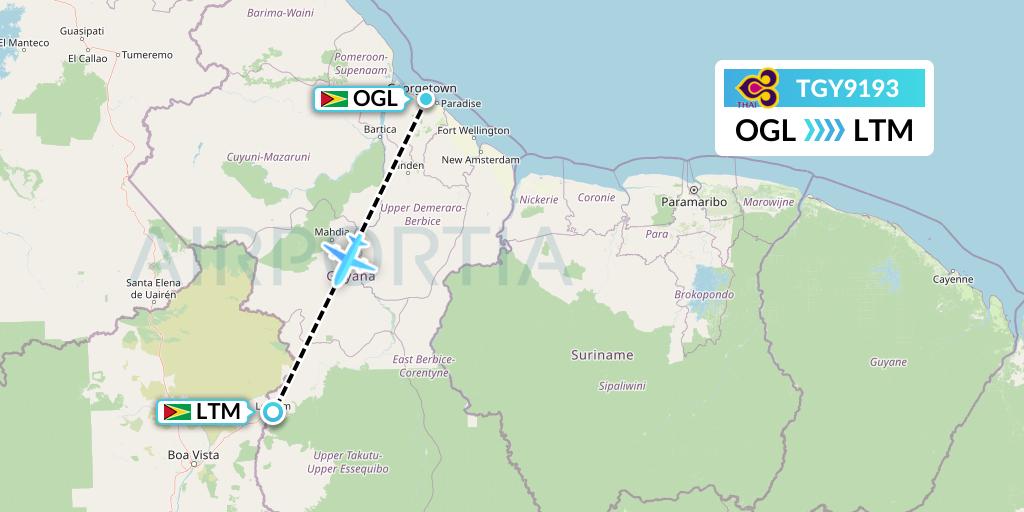 TGY9193 Trans Guyana Airways Flight Map: Georgetown to Lethem