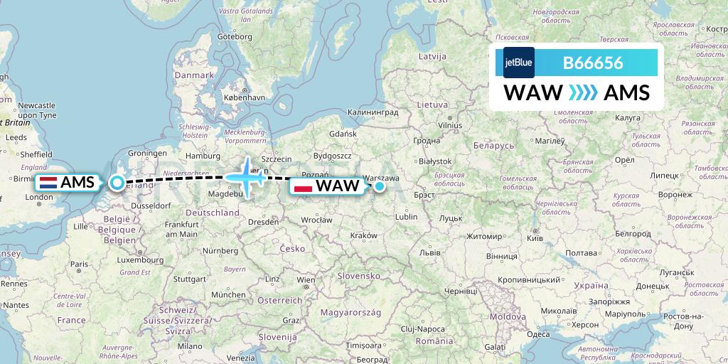 B66656 JetBlue Airways Flight Map: Warsaw to Amsterdam