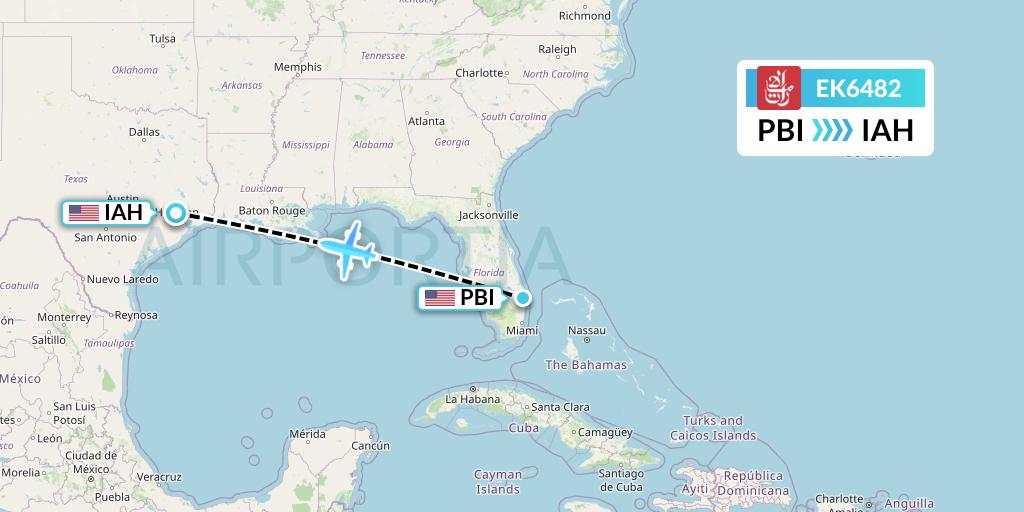 EK6482 Emirates Flight Map: West Palm Beach to Houston