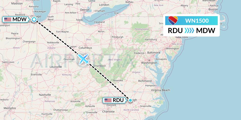 WN1500 Southwest Airlines Flight Map: Raleigh-Durham to Chicago