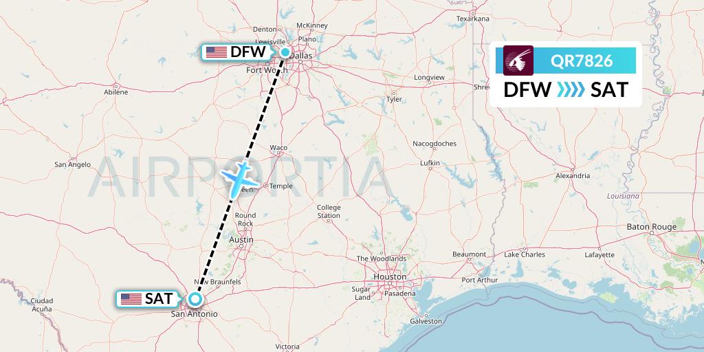 QR7826 Qatar Airways Flight Map: Dallas to San Antonio