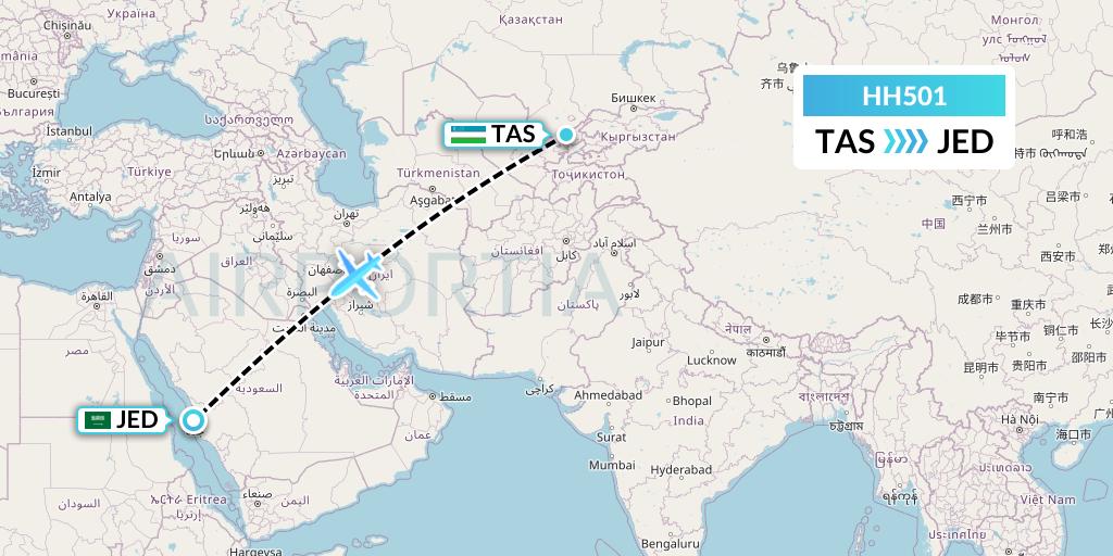 HH501 Qanot Sharq Flight Map: Tashkent to Jeddah