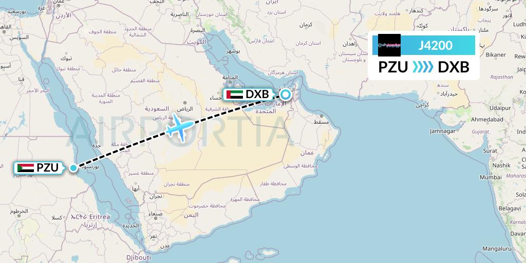 J4200 Badr Airlines Flight Map: Port Sudan to Dubai
