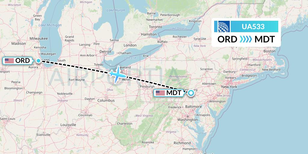 UA533 United Airlines Flight Map: Chicago to Harrisburg