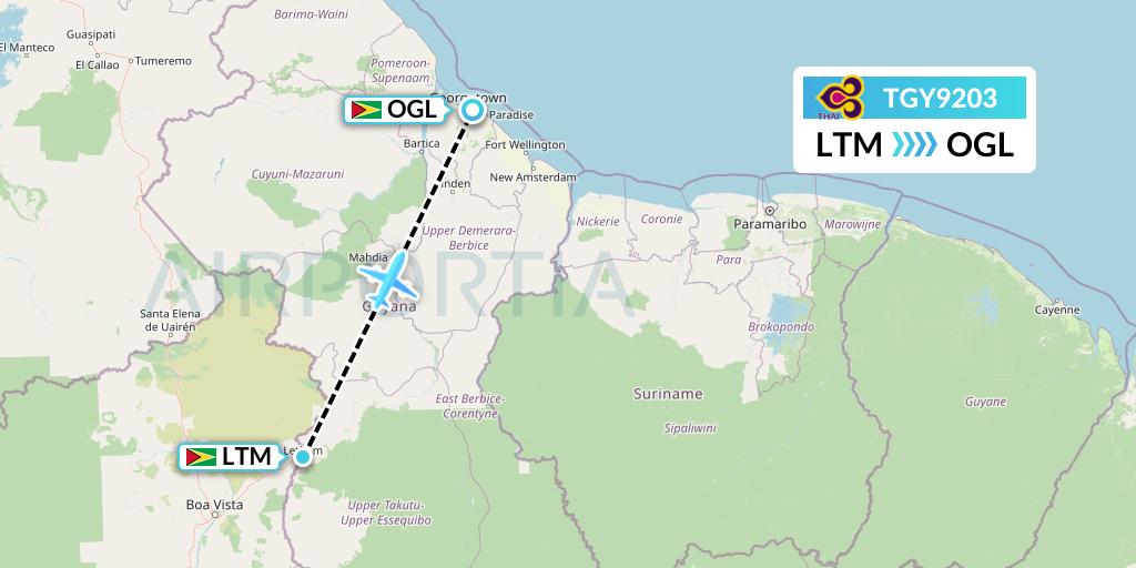 TGY9203 Trans Guyana Airways Flight Map: Lethem to Georgetown