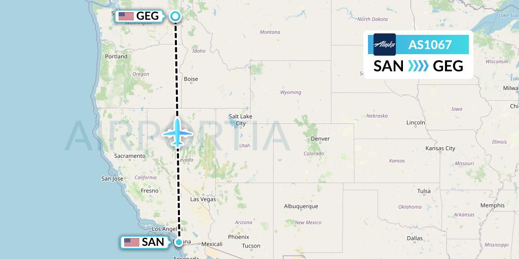 AS1067 Alaska Airlines Flight Map: San Diego to Spokane