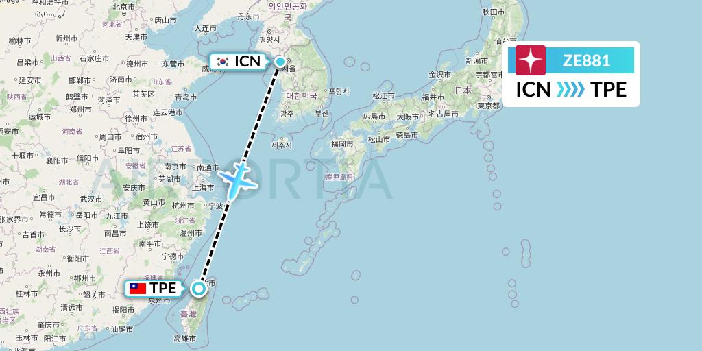 ZE881 Eastar Jet Flight Map: Seoul to Taipei