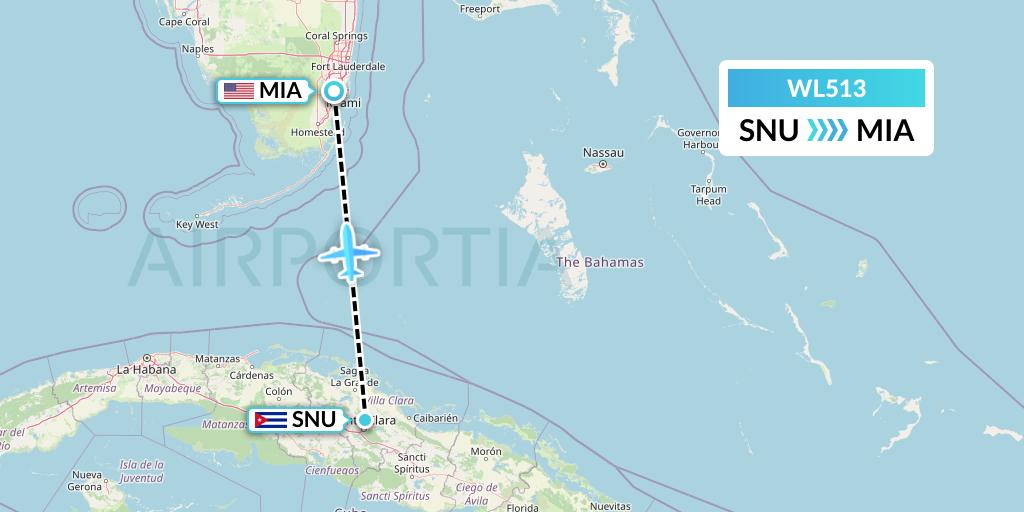 WL513 World Atlantic Airlines Flight Map: Santa Clara to Miami