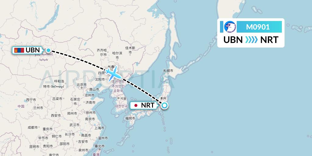 M0901 Aero Mongolia Flight Map: Ulan Bator to Tokyo