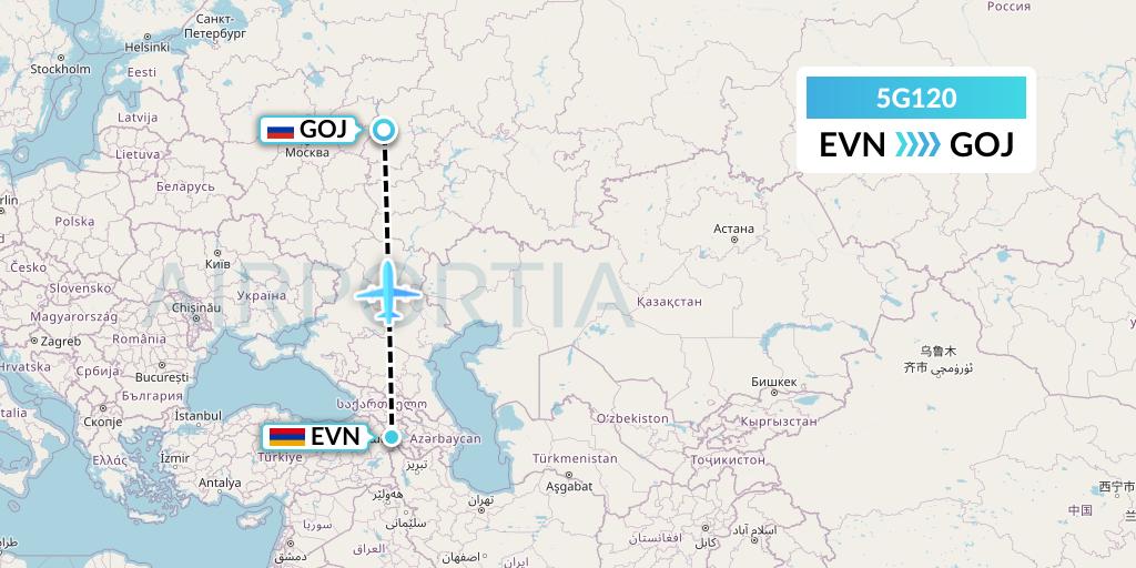 5G120 Shirak Avia Flight Map: Yerevan to Nizhny Novgorod