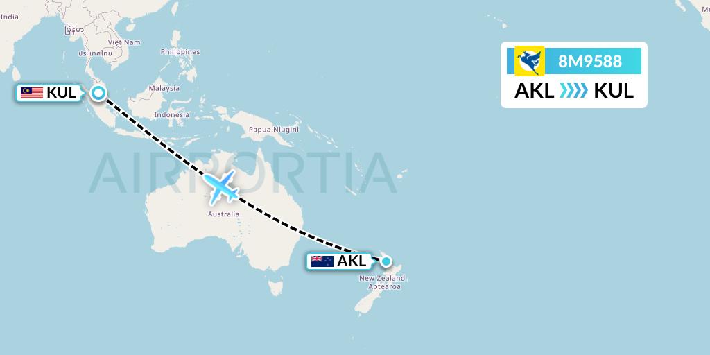 8M9588 Myanmar Airways International Flight Map: Auckland to Kuala Lumpur