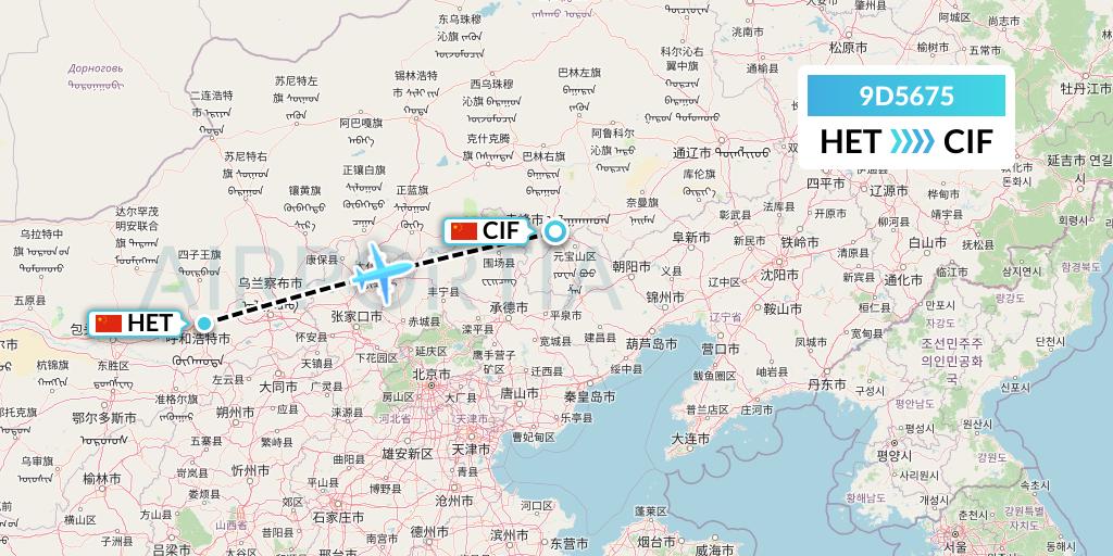 9D5675 Genghis Khan Airlines Flight Map: Hohhot to Chifeng