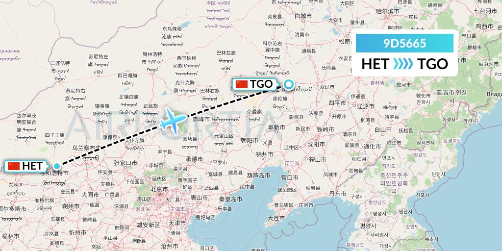 9D5665 Genghis Khan Airlines Flight Map: Hohhot to Tongliao
