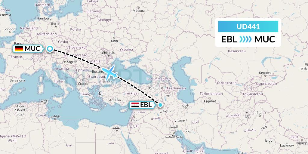 UD441 UR Airlines Flight Map: Arbil to Munich