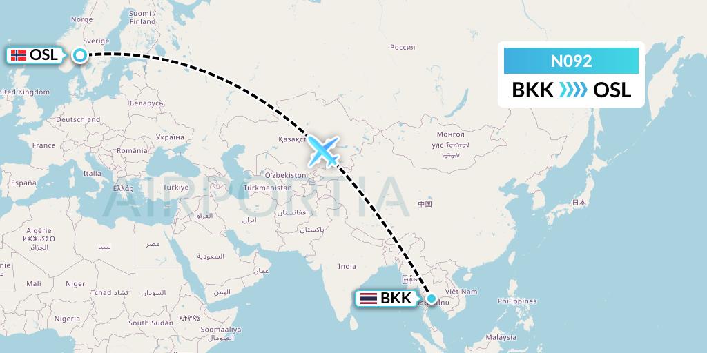 N092 Norse Atlantic Airways Flight Map: Bangkok to Oslo