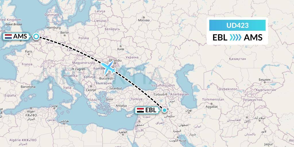 UD423 UR Airlines Flight Map: Arbil to Amsterdam