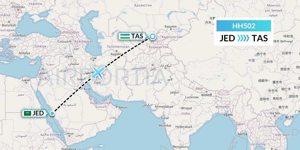 HH502 Qanot Sharq Flight Map: Jeddah to Tashkent