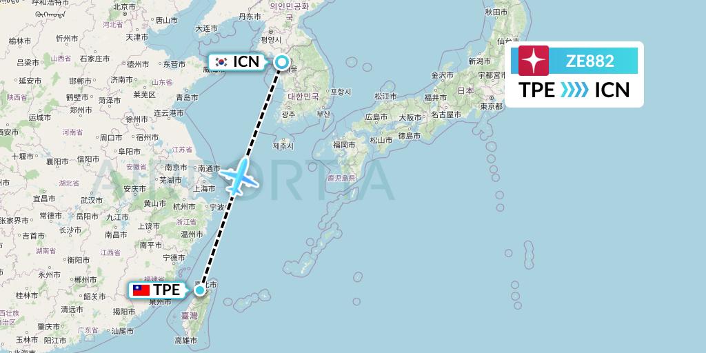 ZE882 Eastar Jet Flight Map: Taipei to Seoul