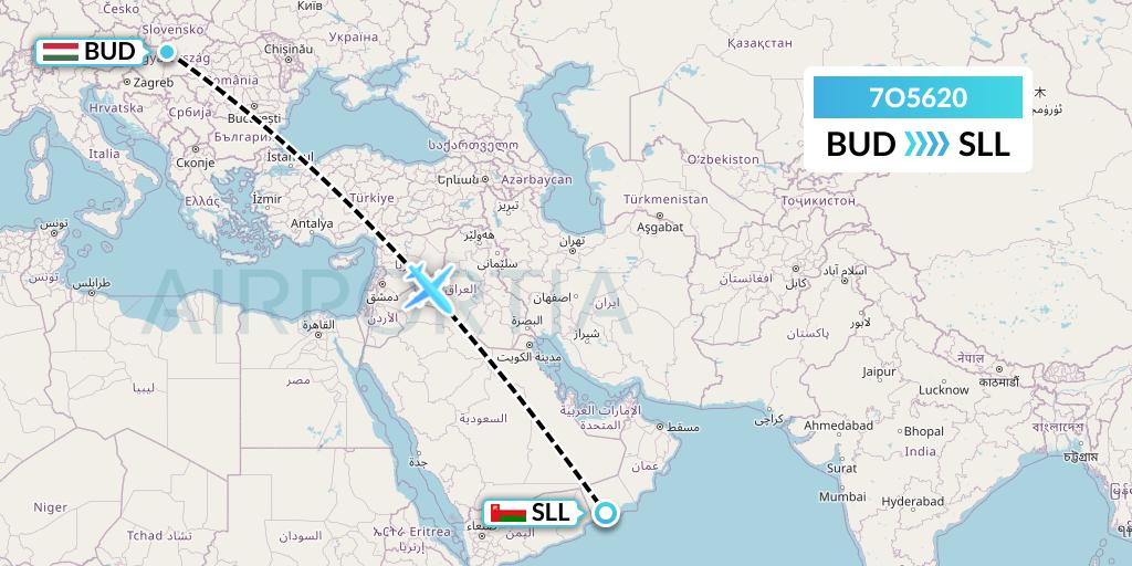 7O5620 Travel Service Hungary Flight Map: Budapest to Salalah
