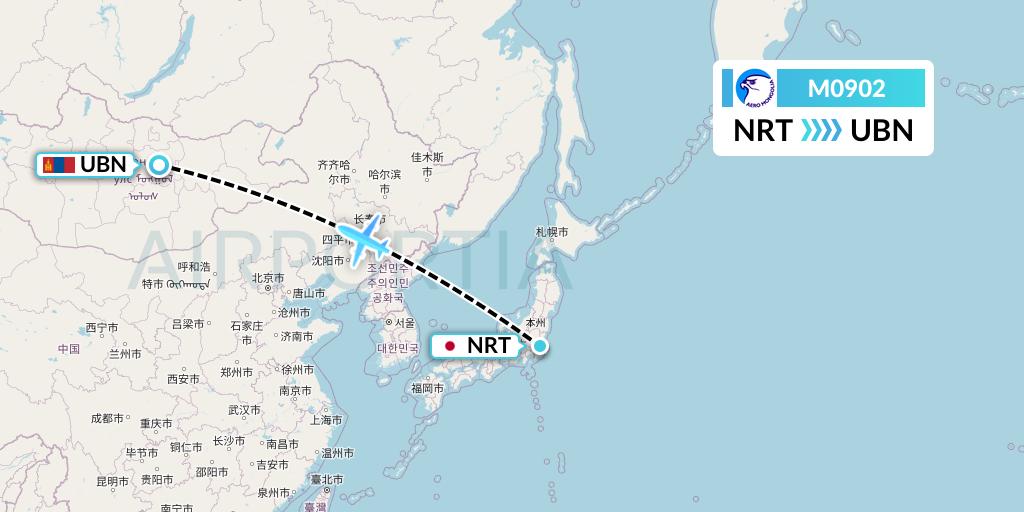 M0902 Aero Mongolia Flight Map: Tokyo to Ulan Bator
