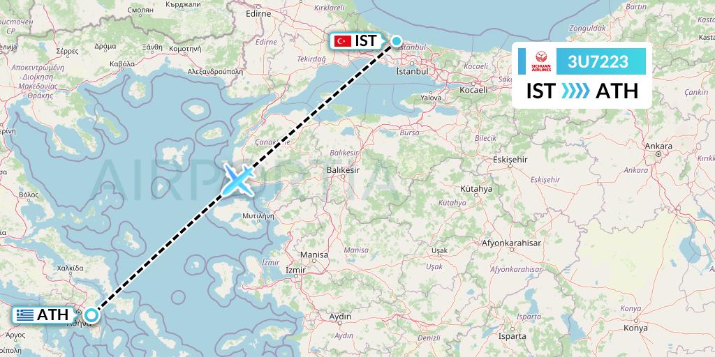 3U7223 Sichuan Airlines Flight Map: Istanbul to Athens