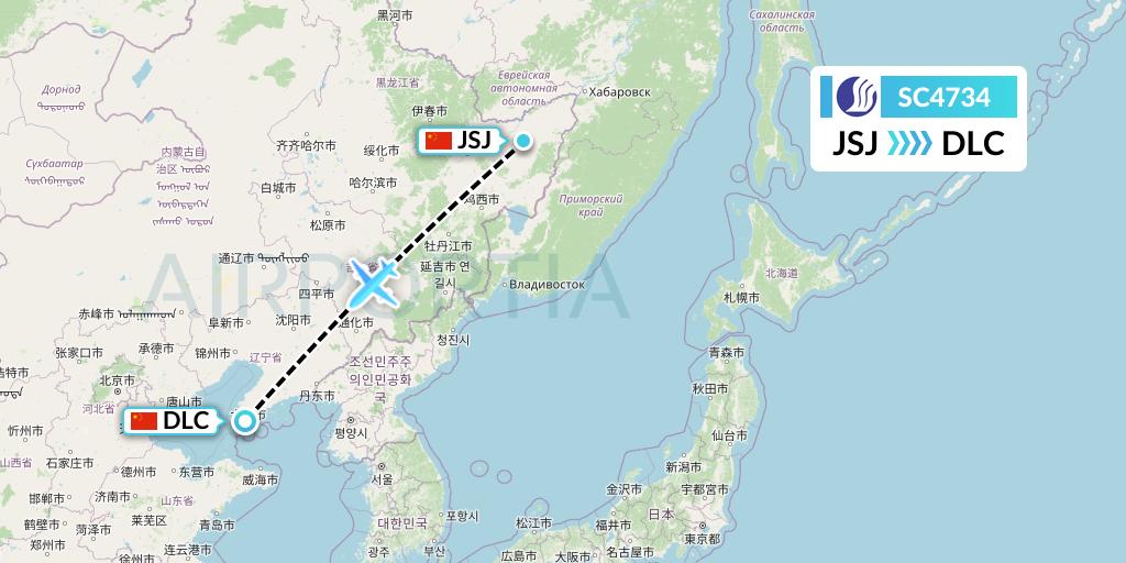 SC4734 Shandong Airlines Flight Map: Fuyuan to Dalian