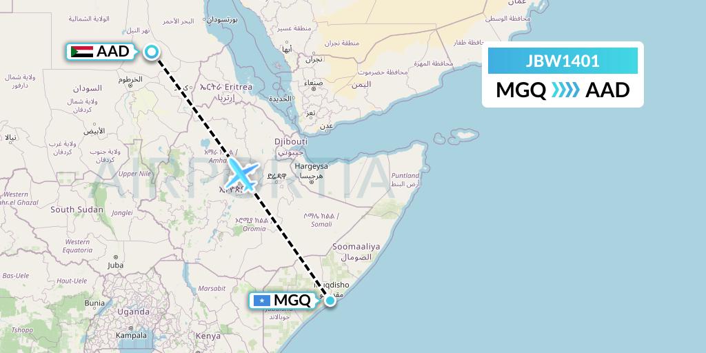 JBW1401 Jubba Airways Flight Map: Mogadishu to Ad-Dabbah