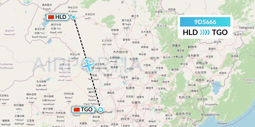 9D5666 Genghis Khan Airlines Flight Map: Hailar to Tongliao
