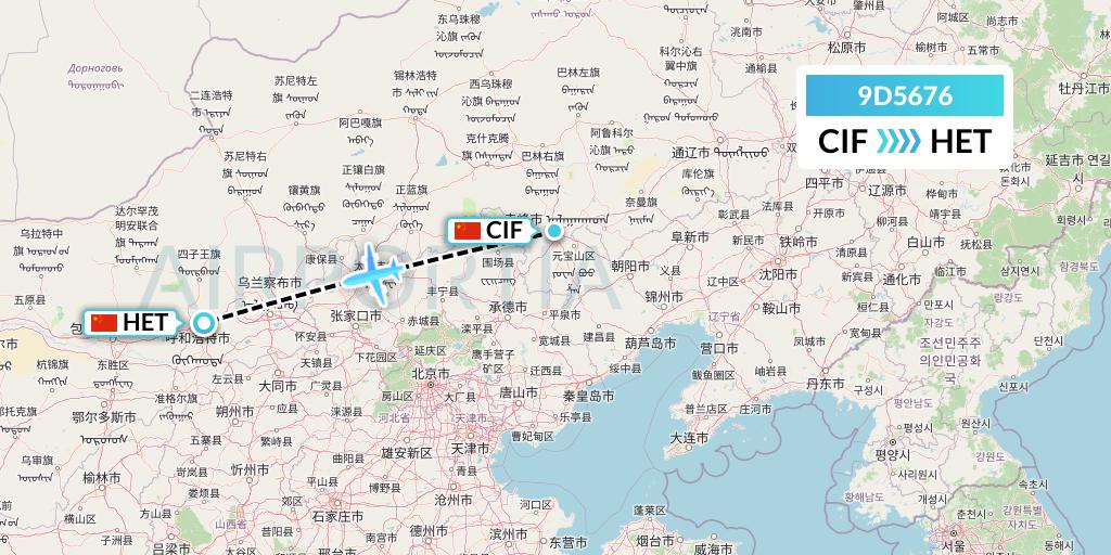 9D5676 Genghis Khan Airlines Flight Map: Chifeng to Hohhot