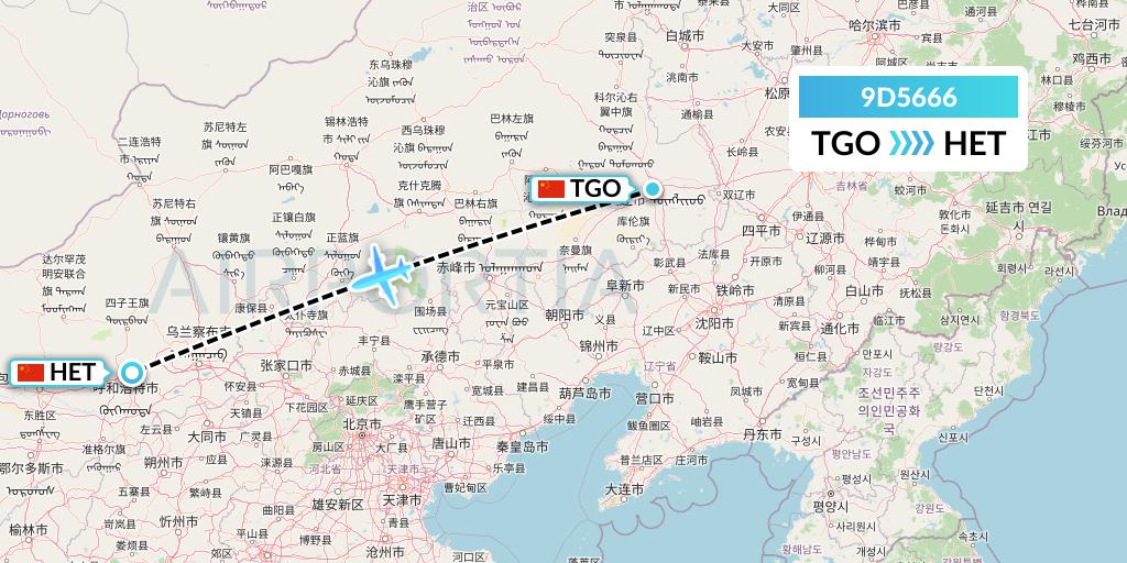 9D5666 Genghis Khan Airlines Flight Map: Tongliao to Hohhot