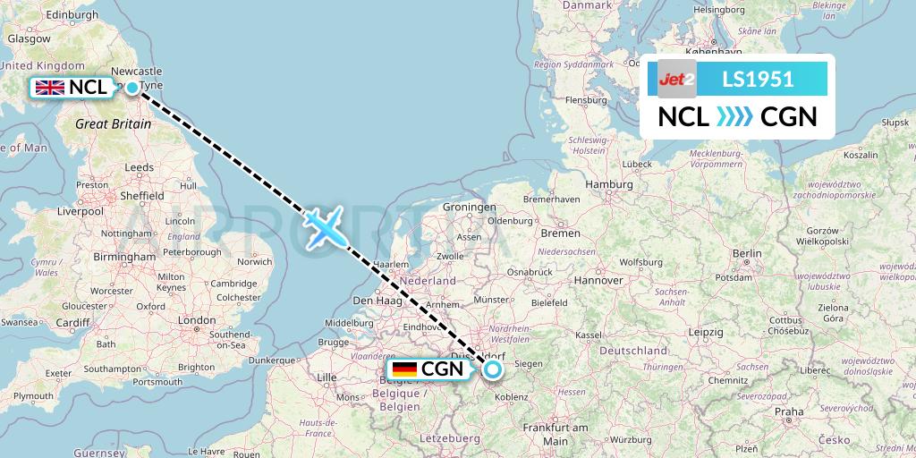 LS1951 Jet2 Flight Map: Newcastle to Cologne