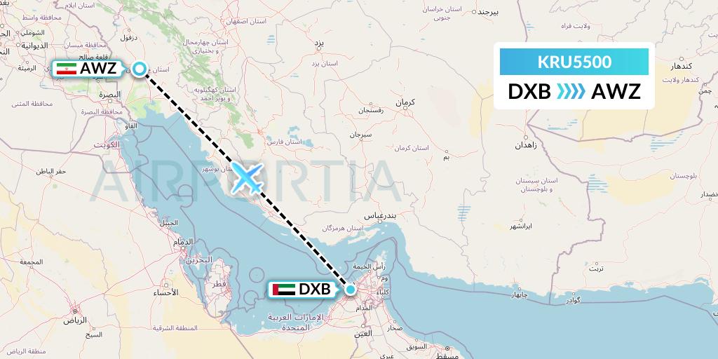 KRU5500 Karun Airlines Flight Map: Dubai to Ahvaz