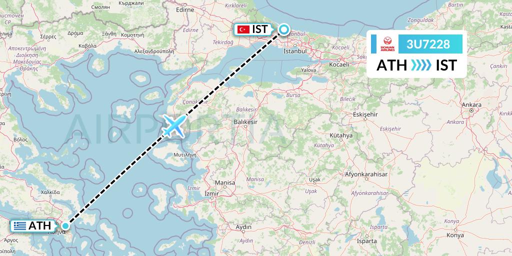 3U7228 Sichuan Airlines Flight Map: Athens to Istanbul