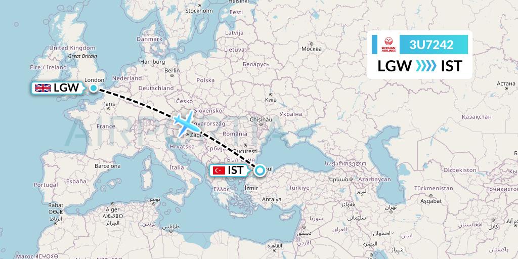 3U7242 Sichuan Airlines Flight Map: London to Istanbul