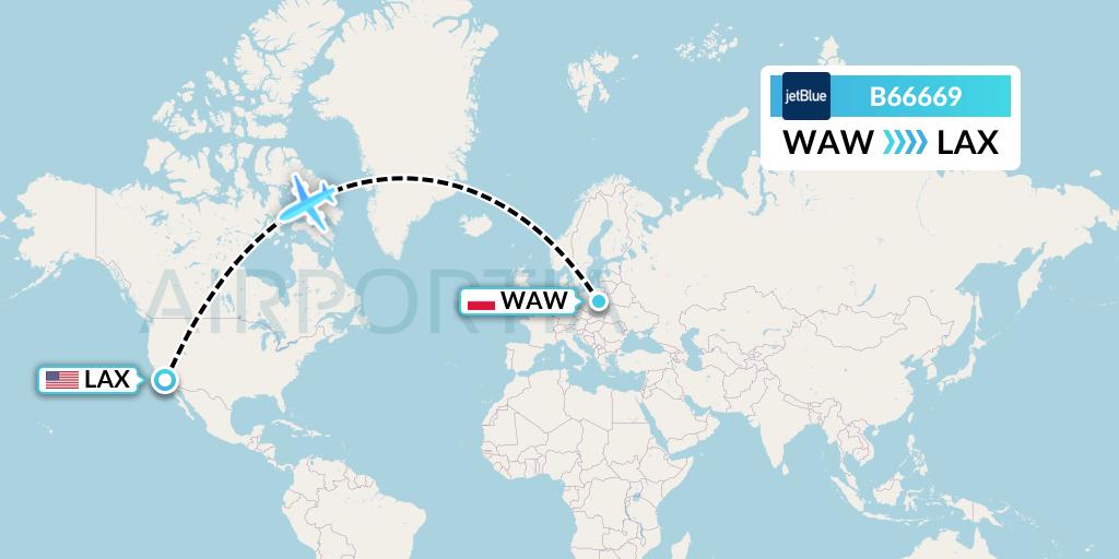 B66669 JetBlue Airways Flight Map: Warsaw to Los Angeles