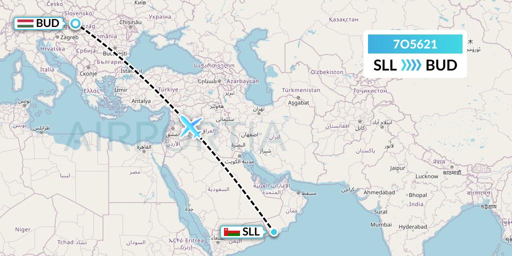 7O5621 Travel Service Hungary Flight Map: Salalah to Budapest