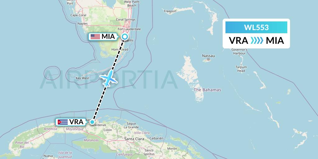WL553 World Atlantic Airlines Flight Map: Varadero to Miami