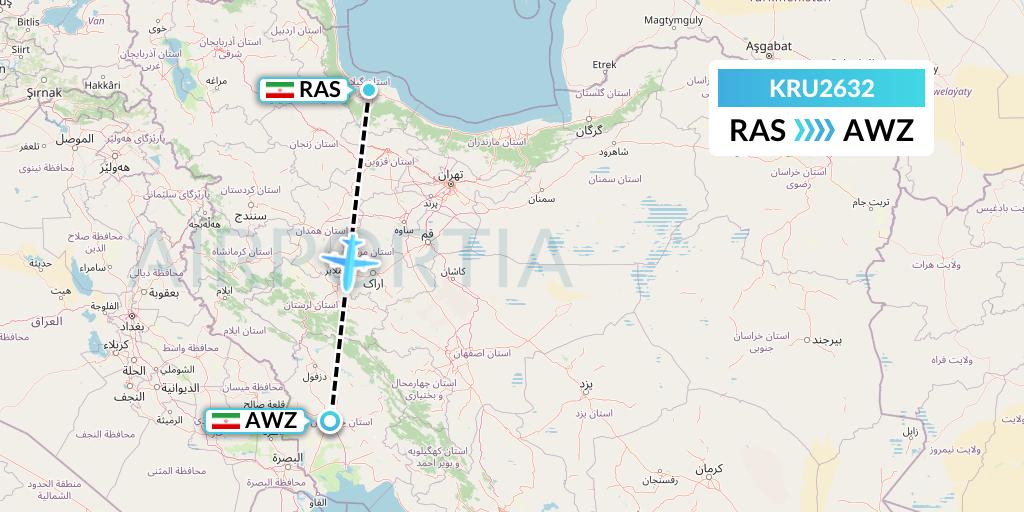 KRU2632 Karun Airlines Flight Map: Rasht to Ahvaz
