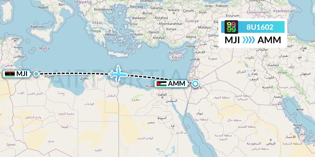 8U1602 Afriqiyah Airways Flight Map: Tripoli to Amman