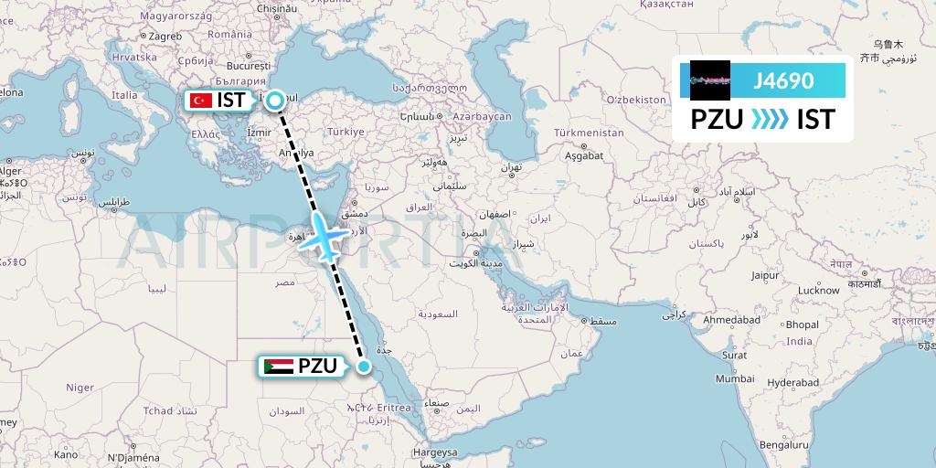 J4690 Badr Airlines Flight Map: Port Sudan to Istanbul