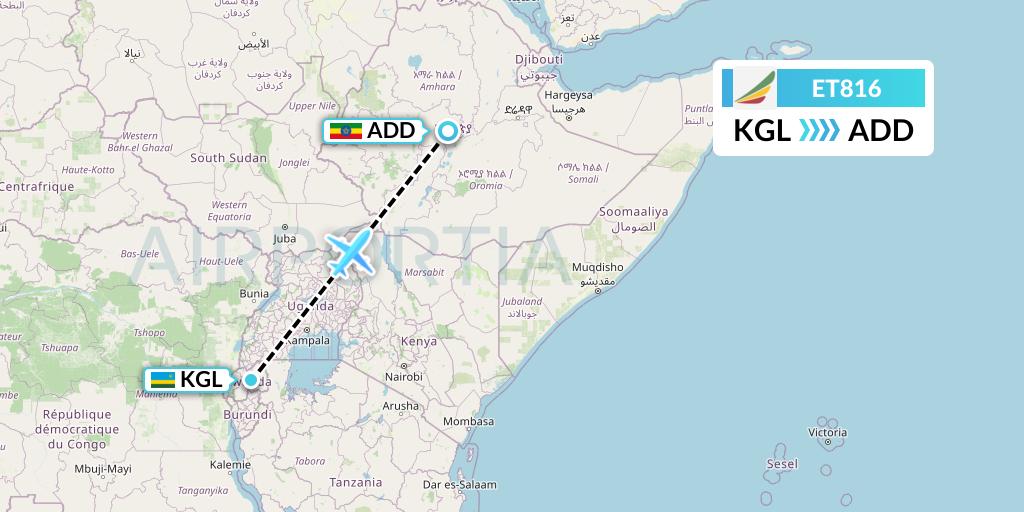 ET816 Ethiopian Airlines Flight Map: Kigali to Addis Ababa