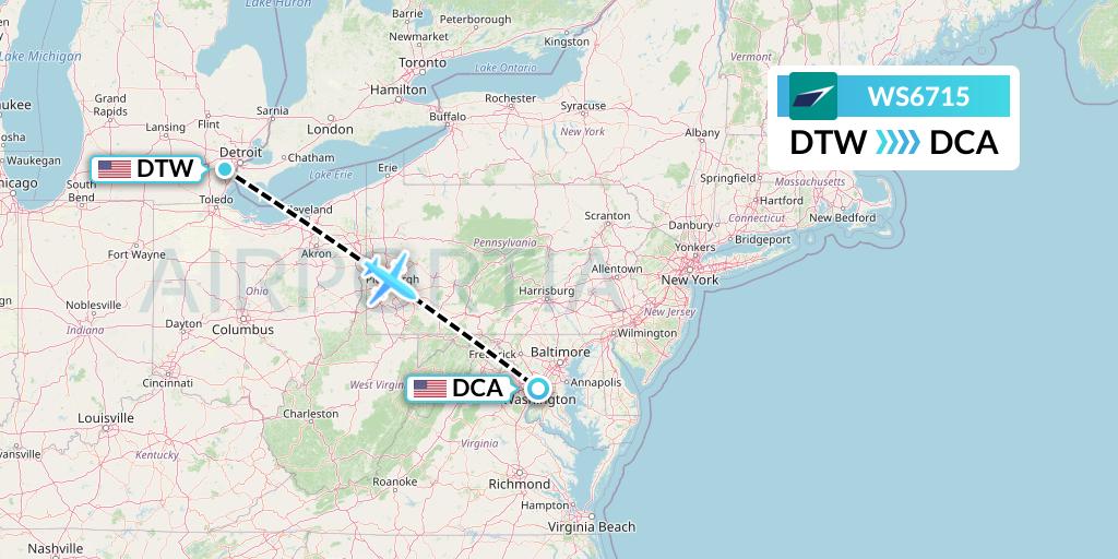 WS6715 WestJet Flight Map: Detroit to Washington
