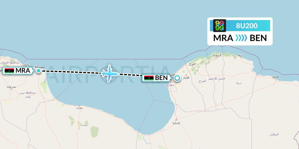 8U200 Afriqiyah Airways Flight Map: Misrata to Benghazi