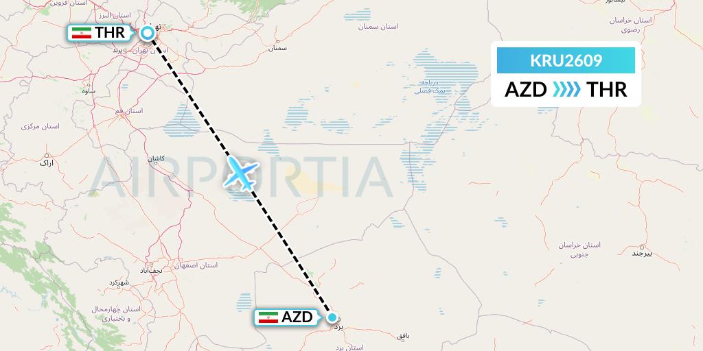 KRU2609 Karun Airlines Flight Map: Yazd to Tehran
