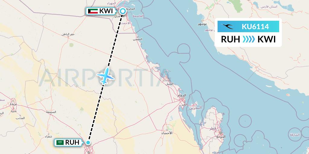 KU6114 Kuwait Airways Flight Map: Riyadh to Kuwait City