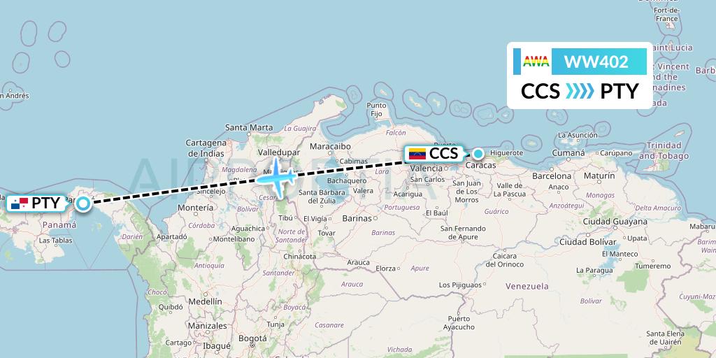 WW402 Venezolana Flight Map: Caracas to Panama City