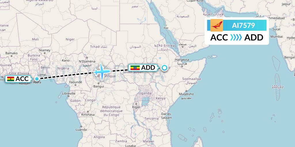 AI7579 Air India Flight Map: Accra to Addis Ababa