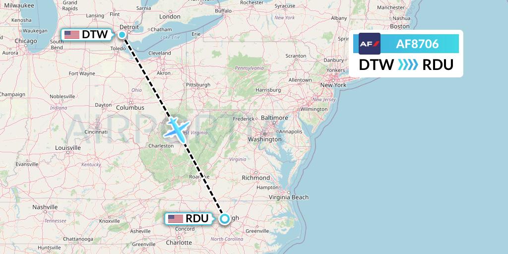 AF8706 Air France Flight Map: Detroit to Raleigh-Durham