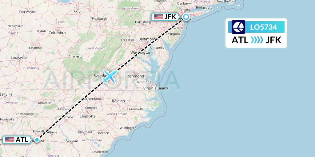 LO5734 LOT Flight Map: Atlanta to New York